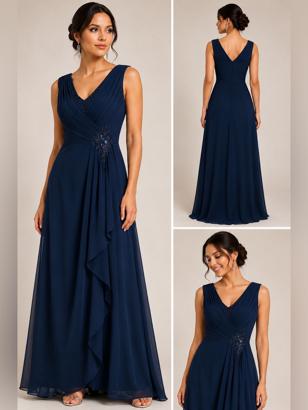 Navy Blue Chiffon Formal Maxi Dress Size 6 Beaded Ruched Evening Gown